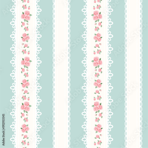 Mint Shabby Chic Floral Lace Stripe Pattern for Elegant Vintage Textile and Wallpaper