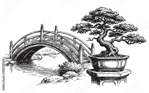 Japanese garden scene with a traditional arched bridge and a potted bonsai tree. Hand-drawn engraving style.