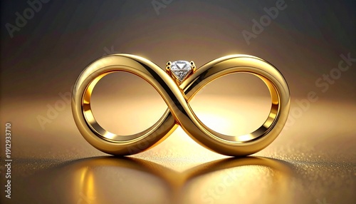 Wallpaper Mural Gold infinity-shaped ring with polished reflective surface, round-cut diamond embedded at center of intersecting curves, elegant symbolic jewelry design, gradient background transitioning from dark to Torontodigital.ca