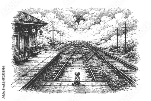 Moody Hand Drawn Vector Illustration of a Small Dog Waiting Alone on a Rural Railway Station Platform Disappearing into the Fog
