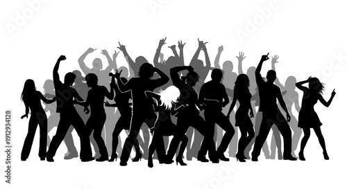A group of silhouetted people dancing and celebrating at a party or event.