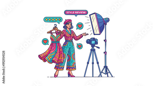 Fashion Blogger Recording Outfit Review Video Online.