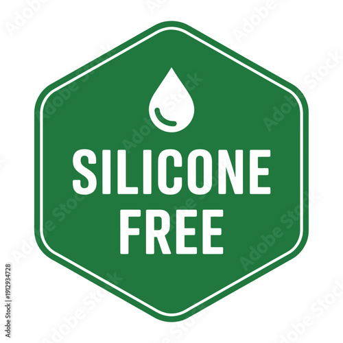 Silicone free green hexagonal sticker with white text and droplet symbol