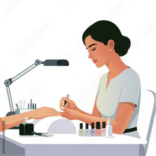 Flat vector illustration of a female nail technician doing manicure under desk lamp. Stylized characters representing nail salon, beauty services, and professional manicure.