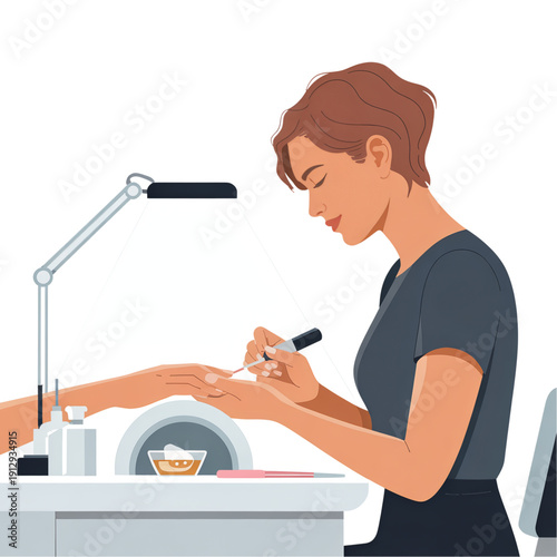Flat vector illustration of a female nail technician doing manicure under desk lamp. Stylized characters representing nail salon, beauty services, and professional manicure.