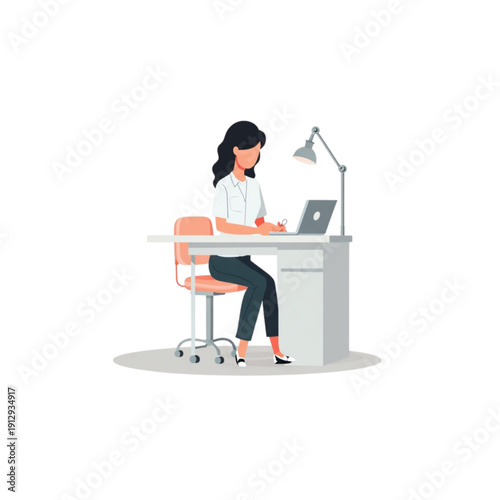 Flat vector illustration of a nail salon worker sitting at manicure desk with tools and lamp. Stylized character representing nail care and beauty services.