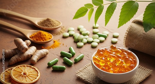 Assorted natural herbs and spices displayed with organic ingredients