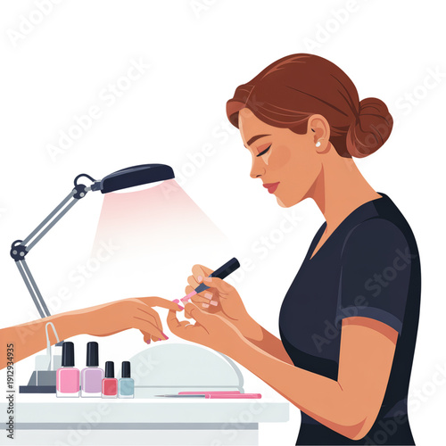 Flat vector illustration of a female nail technician doing manicure under desk lamp. Stylized characters representing nail salon, beauty services, and professional manicure.