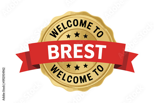 Gold seal with red banner and welcome to b text