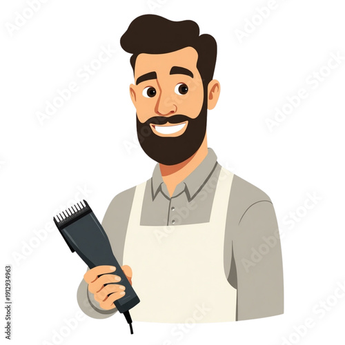 Flat vector illustration of a male barber holding a hair clipper. Stylized character representing barber shop, grooming services, and beauty profession.