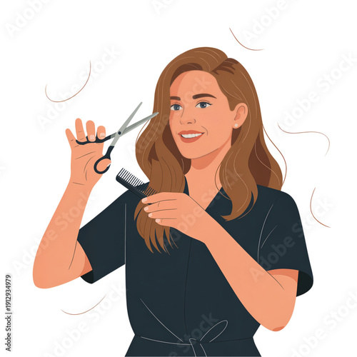 Flat vector illustration of a female hairstylist holding scissors. Stylized character representing hairdressing, beauty services, and creative profession.