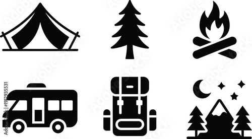 Hand-drawn camping and outdoor activity icons, tent pine tree campfire, RV camper van, hiking backpack, mountain landscape with moon stars illustration concept