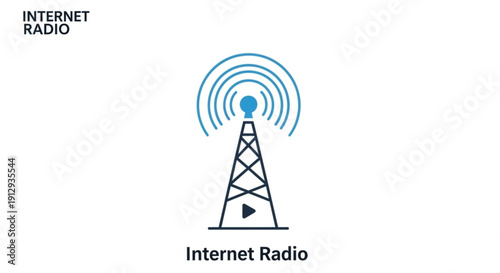 Internet radio broadcasting tower with blue signal waves on white background