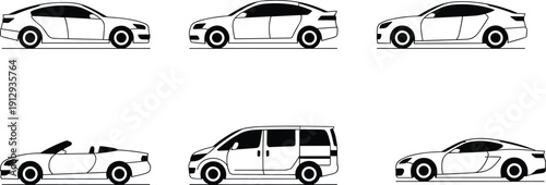 Hand-drawn car silhouette icons, sedan convertible minivan sports car, automotive vehicle body styles, transportation design illustration, black side profile concept