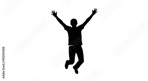 A black silhouette of a person jumping with arms raised high in the air against a plain white background, expressing excitement.