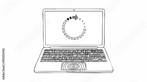 Laptop with loading spinner on screen.