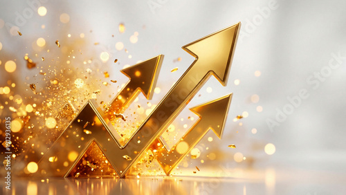 磨き上げられた金色の矢印が、光の粒子を浴びてきらきらと輝きながら上昇する様子を描いています。圧倒的な富と繁栄を象徴し、ビジネスの成功や投資による利益拡大を強く印象づけます。金融や経済の資料、豪華な広告に最適です。