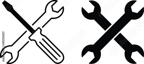 Hand-drawn repair and maintenance tool icons, crossed screwdriver wrench outline, double wrench solid symbol, mechanical work DIY project technical support illustration conceptHand-drawn repair and ma