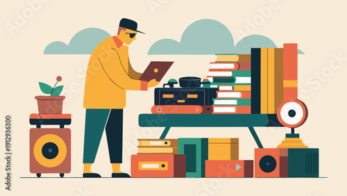 Illustration of a person in sunglasses examining a vinyl record while surrounded by books, speakers, and a potted plant in a colorful, stylized indoor setting