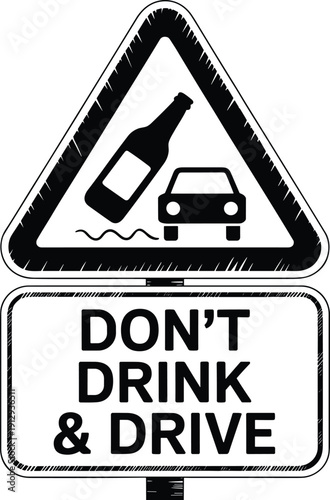 Hand-drawn road safety warning sign, don’t drink and drive symbol, bottle tilted toward car graphic, traffic awareness illustration, anti drunk driving prevention concept