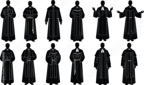 Black silhouette collection of twelve judicial figures in traditional robes, showcasing diverse ceremonial attire styles, postures, and cultural variations for legal themes