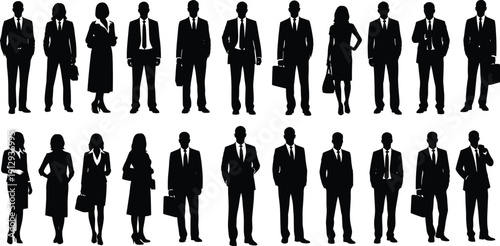 Business people silhouette vector collection featuring professional men and women with briefcase standing poses, corporate office team 