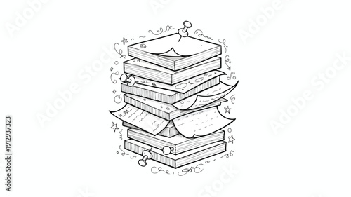 Stack of papers with pins and handwritten notes.