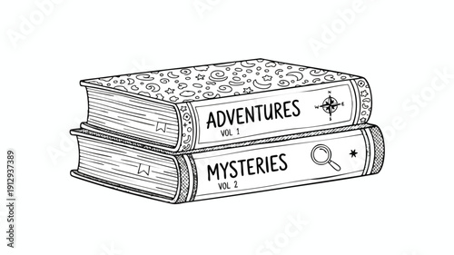 Stack of vintage books titled Adventures and Mysteries.