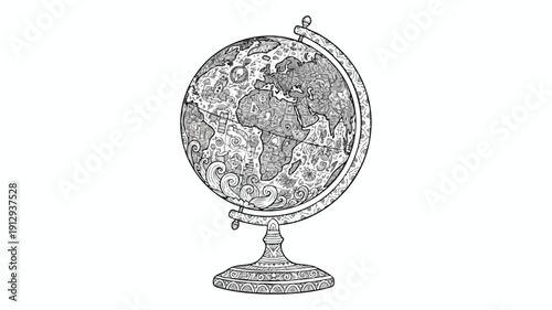 Vintage Globe Illustration Showing Continents and Oceans.