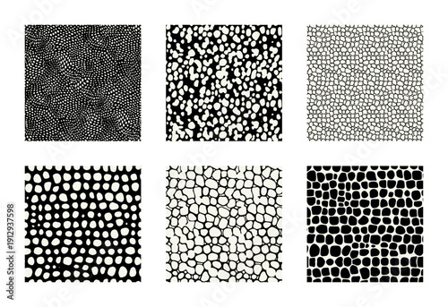 Vector seamless pattern set. Abstract spotty prints. Natural monochrome design. Creative background with blots. Decorative organic swatches.