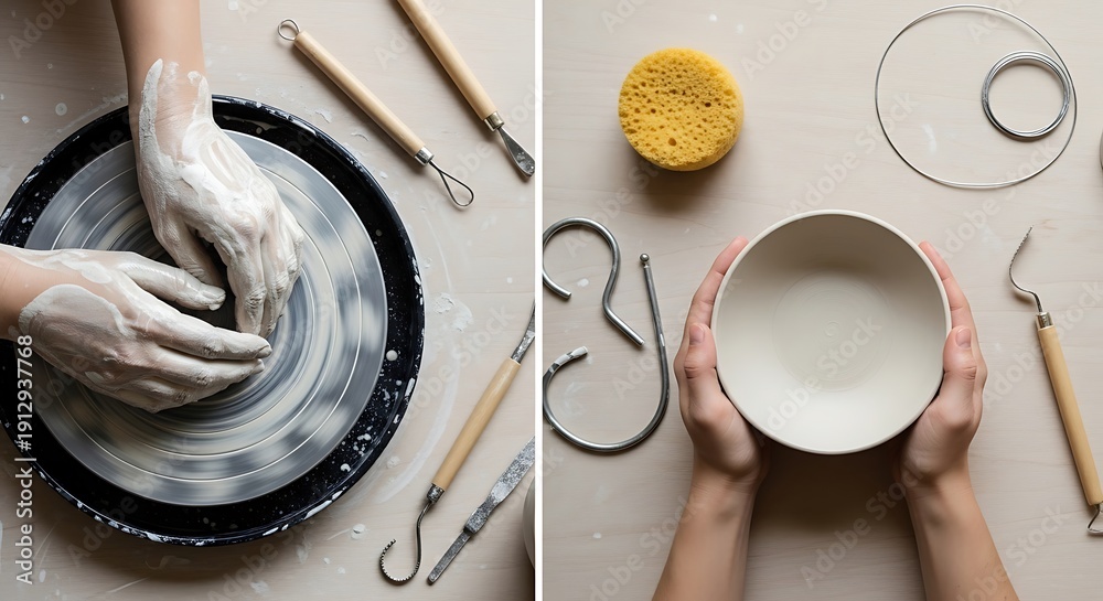 Fototapeta premium Pottery making process with hands and ceramic tools on a table