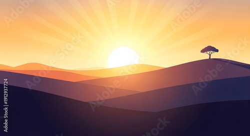 Stylized sunset over rolling hills with single tree silhouette in vibrant colors