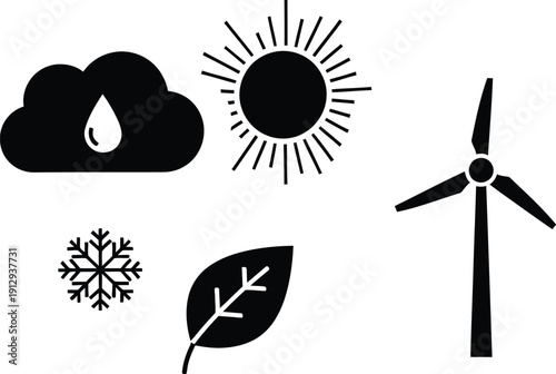 Various weather and clean energy icons represent natural resources.