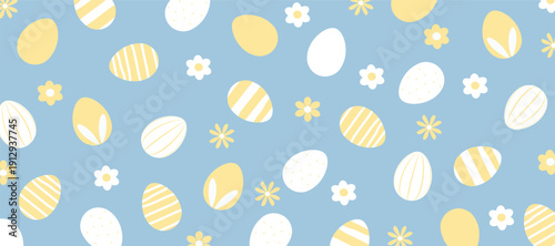 Decorated Easter eggs on blue background. Easter background for banners, textiles, paper, scrapbooking, wallpaper, wrappers. Festive decoration, Easter. Vector illustration