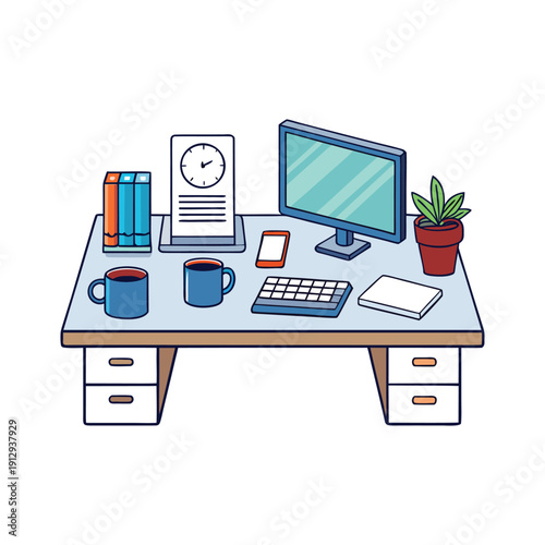 Vector illustration of a light blue office desk with a computer monitor, keyboard, two coffee mugs, books, and a potted plant, isolated on a transparent background.