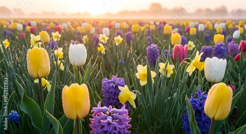 Vibrant field of colorful tulips and flowers bathed in warm sunlight