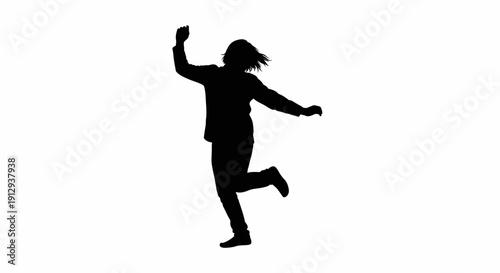 A silhouette of a person dancing joyfully with one leg raised and arms in motion on a white background.