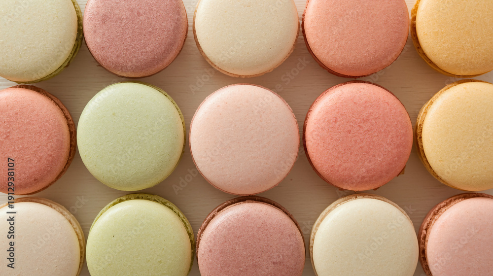 Obraz premium Elegant Colorful French Macarons Flat Lay – Pastel Gourmet Desserts on Light Wooden Table with Minimal