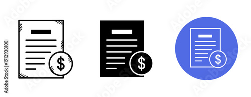 Invoice document icons with dollar sign in black and blue variants