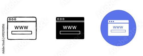 Three web browser icons in sketch, solid, and flat styles