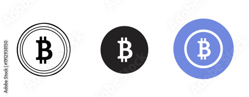 Monochrome and blue bitcoin logos on white background