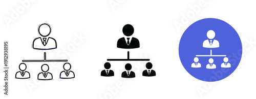 Business hierarchy icons set: three styles of organizational structure symbols