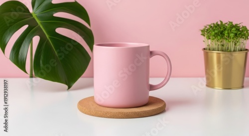 Cozy coffee mug and green plants on pink background