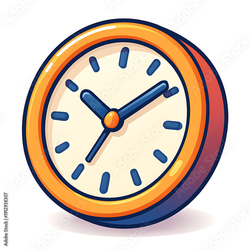Cartoon style clock with orange and blue colors.