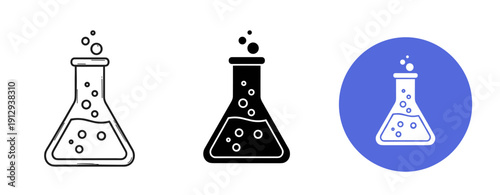 Laboratory flask icons with bubbles in different styles and colors
