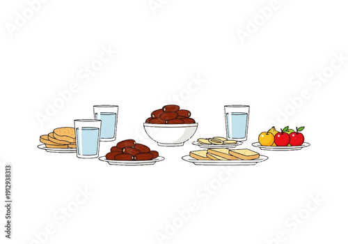 Flat design illustration vector of a meal spread with plates of food and glasses of water on a white background, showcasing a variety of dishes and beverages in a simple, colorful style.