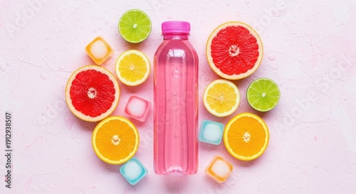 Refreshing pink drink surrounded by vibrant citrus slices and ice cubes