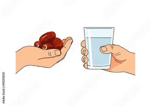 Flat design illustration vector of two hands, one holding dates and the other a glass of water, on a white background with a simple and clean style.