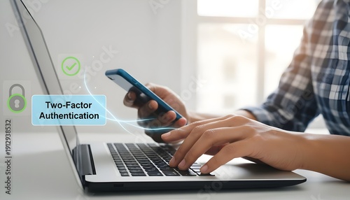 Person using laptop with phone for two factor authentication on a secure network with a plaid shirt in a bright room