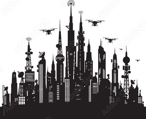 Futuristic Smart City Skyline with Drones and Communication SignalsFuturistic Smart City Skyline with Drones and Communication Signals